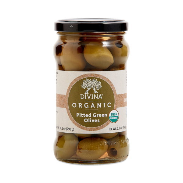 Divina Organic Pitted Green Olives 10.2 oz jar